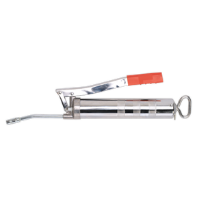 The Sealey Side Lever Grease Gun 3-Way Fill - AK443, distinguished by its metallic build, die-cast pump head, red handle, and bent nozzle end, lies horizontally on a white background.