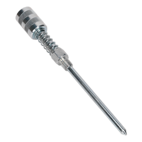 A Needle Nose Grease Dispenser - AK447 by Sealey, featuring a silver finish, a coiled spring handle, a long nozzle, and a slim metal rod.