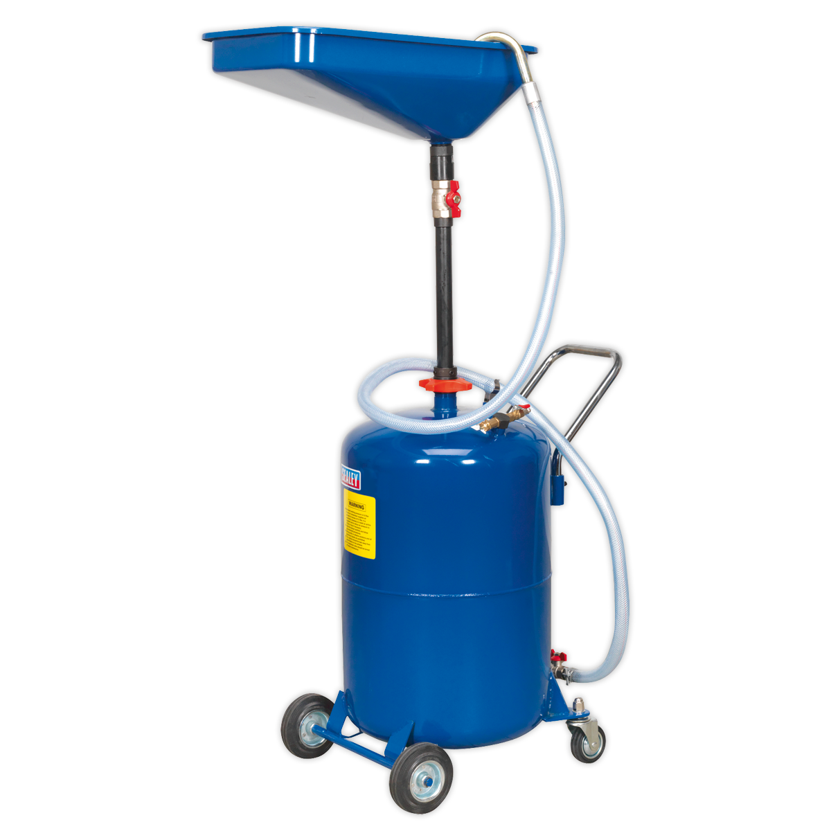 The Sealey Waste Oil Drainer 65L Air Discharge - AK451DX is a portable oil drain container equipped with a blue tank, adjustable funnel, telescopic drain pan, and attached hoses on four wheels for mobility. It features a steel reservoir and an oil level indicator for convenient monitoring.