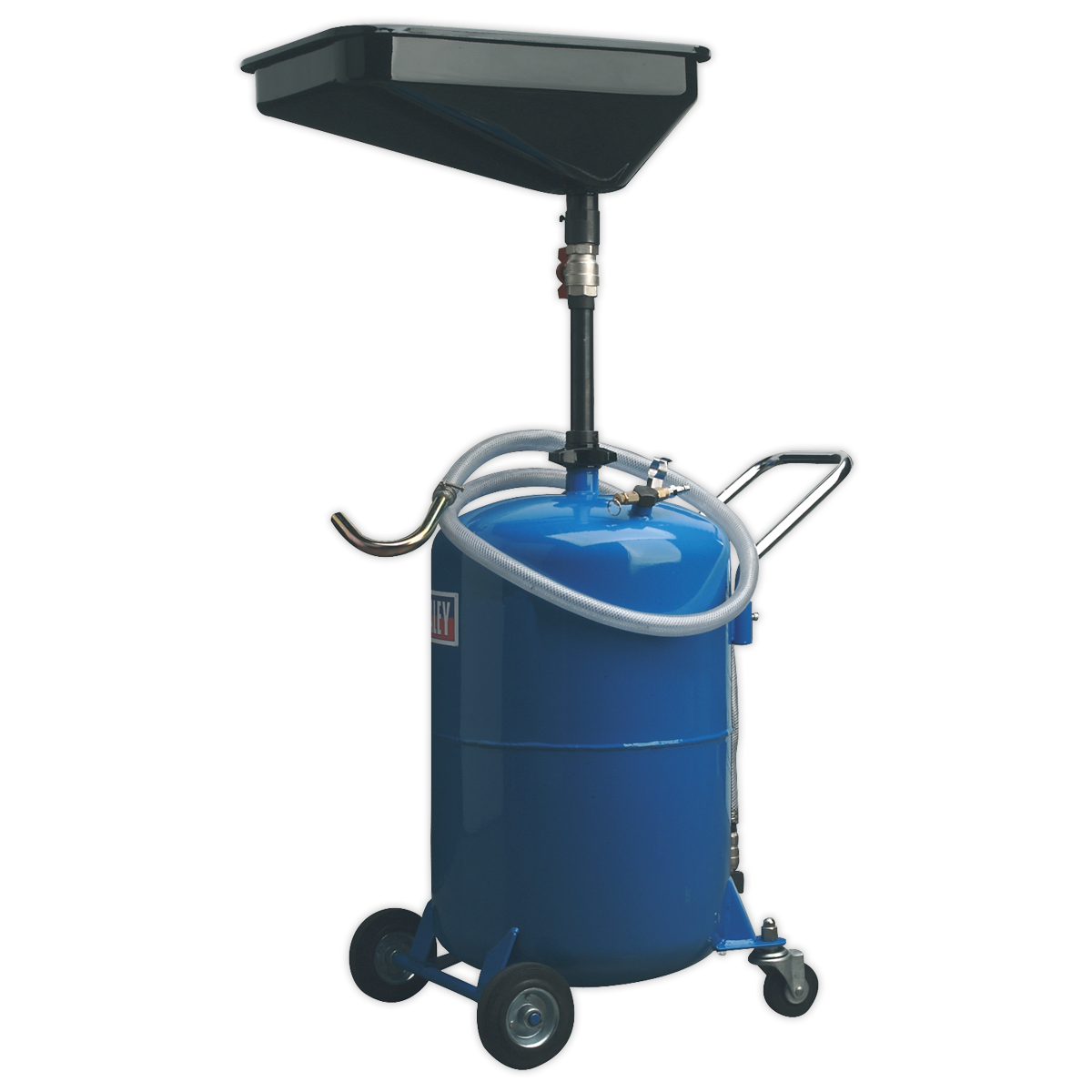 The Sealey Waste Oil Drainer 65L Air Discharge - AK451DX is a blue oil drain tank on wheels, equipped with a black funnel, a flexible hose, and a telescopic drain pan for convenience.