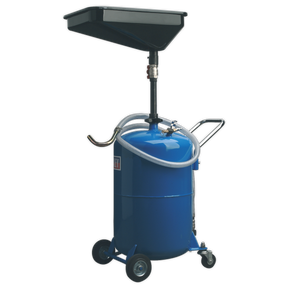The Sealey Waste Oil Drainer 65L Air Discharge - AK451DX is a blue oil drain tank on wheels, equipped with a black funnel, a flexible hose, and a telescopic drain pan for convenience.