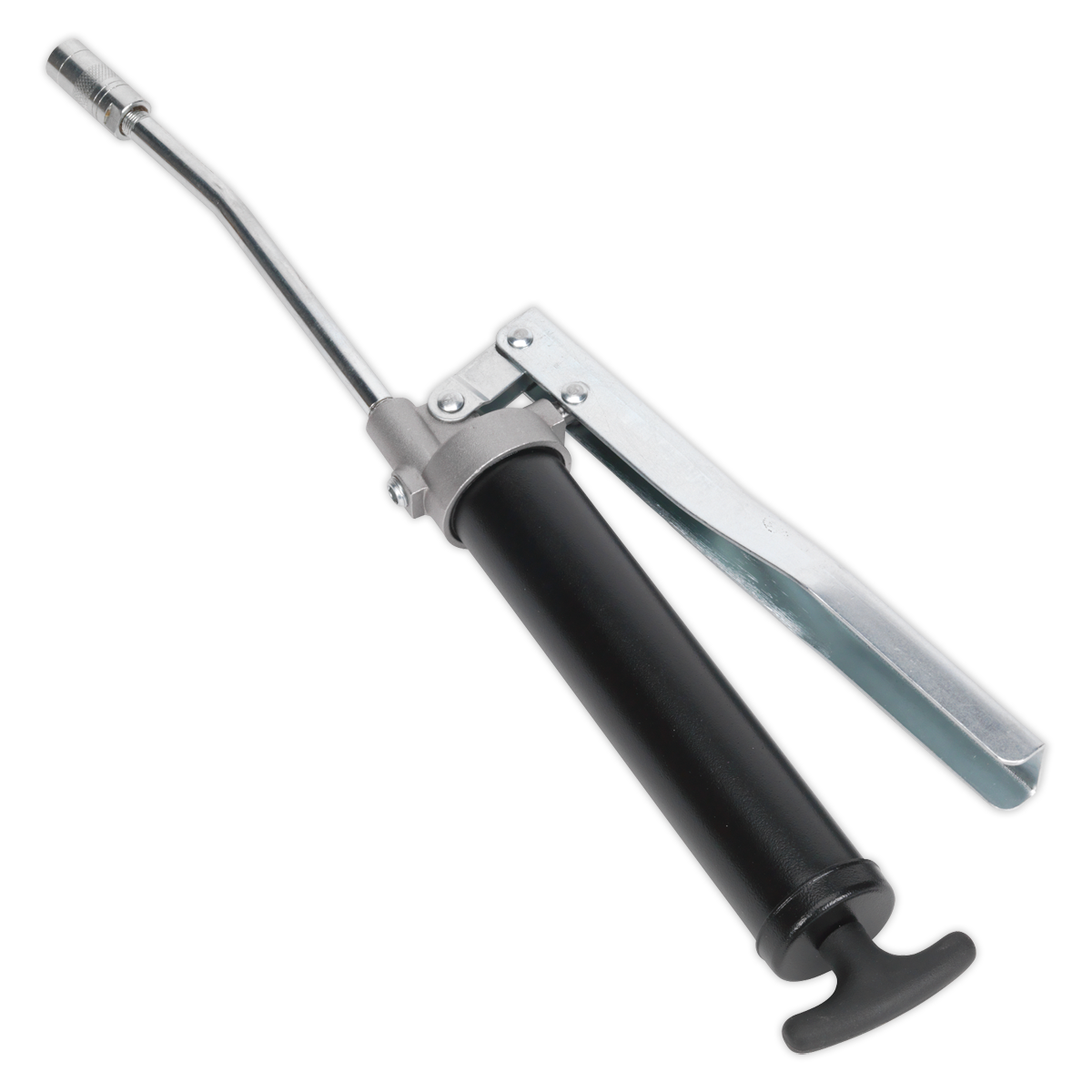 The Sealey Lever Type Mini Grease Gun Bulk Fill - AK451 features a black barrel and silver metallic lever, and comes with a flexible hose and hydraulic 4-jaw coupling for precise lubricant application.