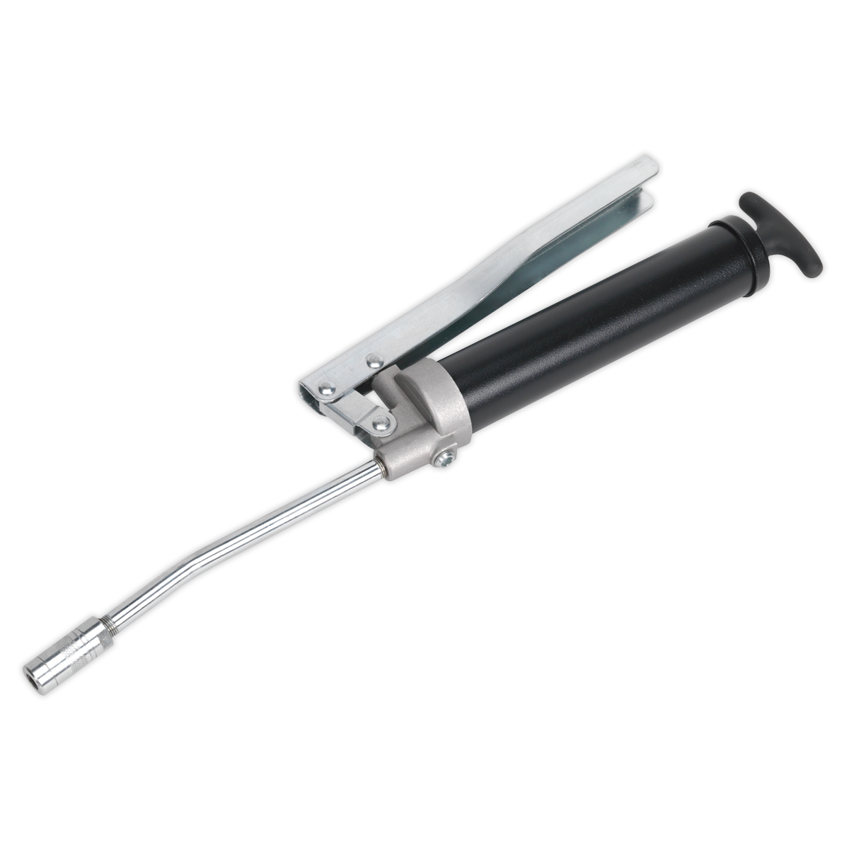 The Sealey Lever Type Mini Grease Gun Bulk Fill - AK451 features a black barrel, silver lever, angled metal nozzle, and a die-cast aluminium pump head.