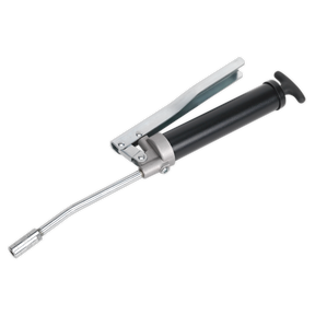 The Sealey Lever Type Mini Grease Gun Bulk Fill - AK451 features a black barrel, silver lever, angled metal nozzle, and a die-cast aluminium pump head.
