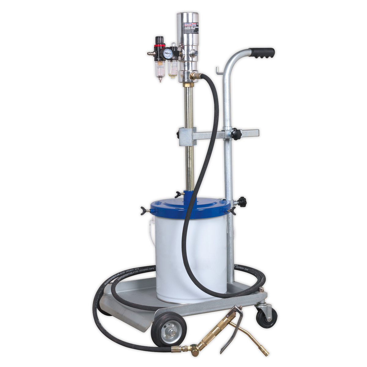 The Sealey Grease Pump Air Operated 12.5kg - AK452X, a portable industrial spray painting system, features a cylindrical tank, an SAE100R2AT grease hose, and a high-efficiency air motor, all mounted on a wheeled cart with handles for easy transport.