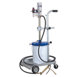 The Sealey Grease Pump Air Operated 12.5kg - AK452X, a portable industrial spray painting system, features a cylindrical tank, an SAE100R2AT grease hose, and a high-efficiency air motor, all mounted on a wheeled cart with handles for easy transport.