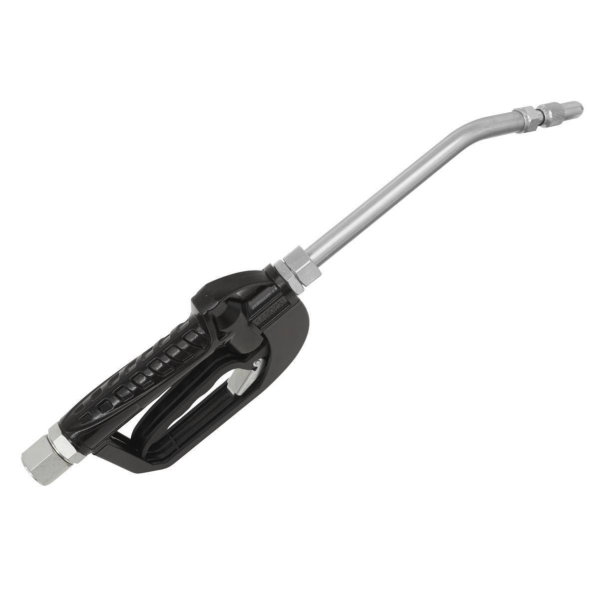 The image features the Sealey Oil Hose End Gun - AK4564D. This black and silver fuel nozzle has a long, slightly bent metallic spout and a ribbed grip handle designed for attaching to fueling systems. This non-drip nozzle ensures minimal waste, making it an efficient oil dispensing gun.