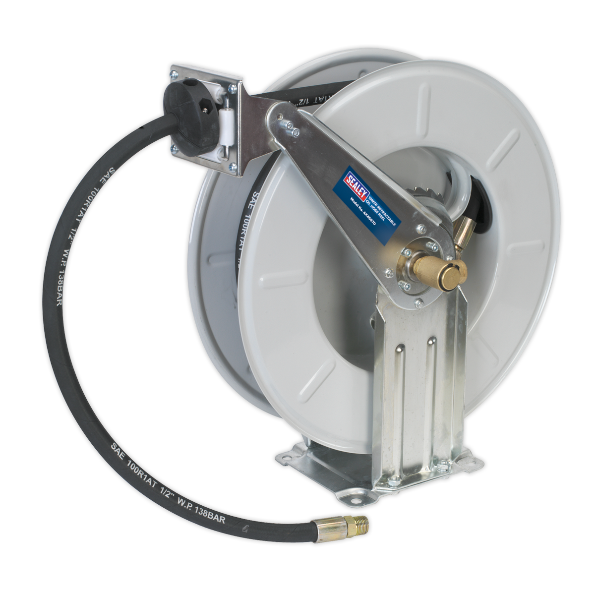 The Sealey Oil Hose Reel Retractable 10m - AK4567D features a black hose and metal bracket, is mounted on a heavy-duty steel stand, and includes a multi-position ratchet lock.