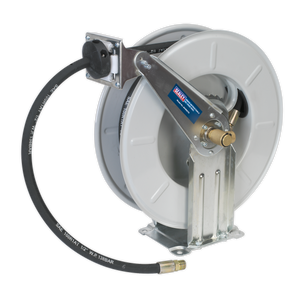 The Sealey Oil Hose Reel Retractable 10m - AK4567D features a black hose and metal bracket, is mounted on a heavy-duty steel stand, and includes a multi-position ratchet lock.