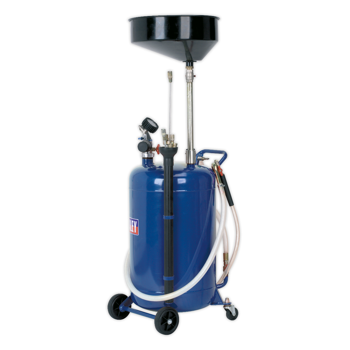 The Sealey Mobile Oil Drainer with Probes 90L Air Discharge - AK459DX is a blue container equipped with wheels, a black funnel on top, attached hoses, and a venturi suction pump for efficient oil collection and transport.