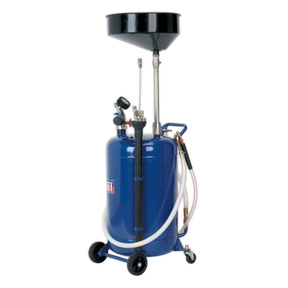The Sealey Mobile Oil Drainer with Probes 90L Air Discharge - AK459DX is a blue container equipped with wheels, a black funnel on top, attached hoses, and a venturi suction pump for efficient oil collection and transport.