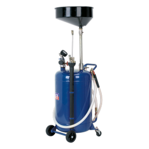 The Sealey Mobile Oil Drainer with Probes 90L Air Discharge - AK459DX is a blue container equipped with wheels, a black funnel on top, attached hoses, and a venturi suction pump for efficient oil collection and transport.