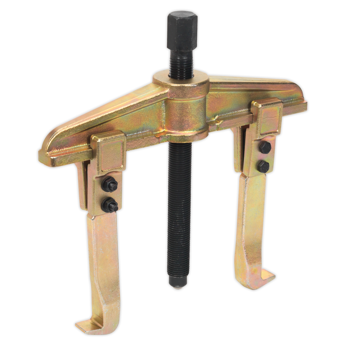 A heavy-duty Twin Leg Puller Bar Type 200 x 150mm - AK46200 from Sealey, this metallic two-jaw gear puller tool is made from Chrome Vanadium steel and features a central threaded spindle along with adjustable arms, making it ideal for removing gears or pulleys from shafts with excellent corrosion resistance.