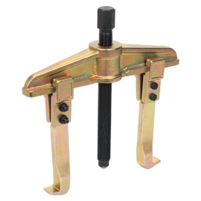 A heavy-duty Twin Leg Puller Bar Type 200 x 150mm - AK46200 from Sealey, this metallic two-jaw gear puller tool is made from Chrome Vanadium steel and features a central threaded spindle along with adjustable arms, making it ideal for removing gears or pulleys from shafts with excellent corrosion resistance.