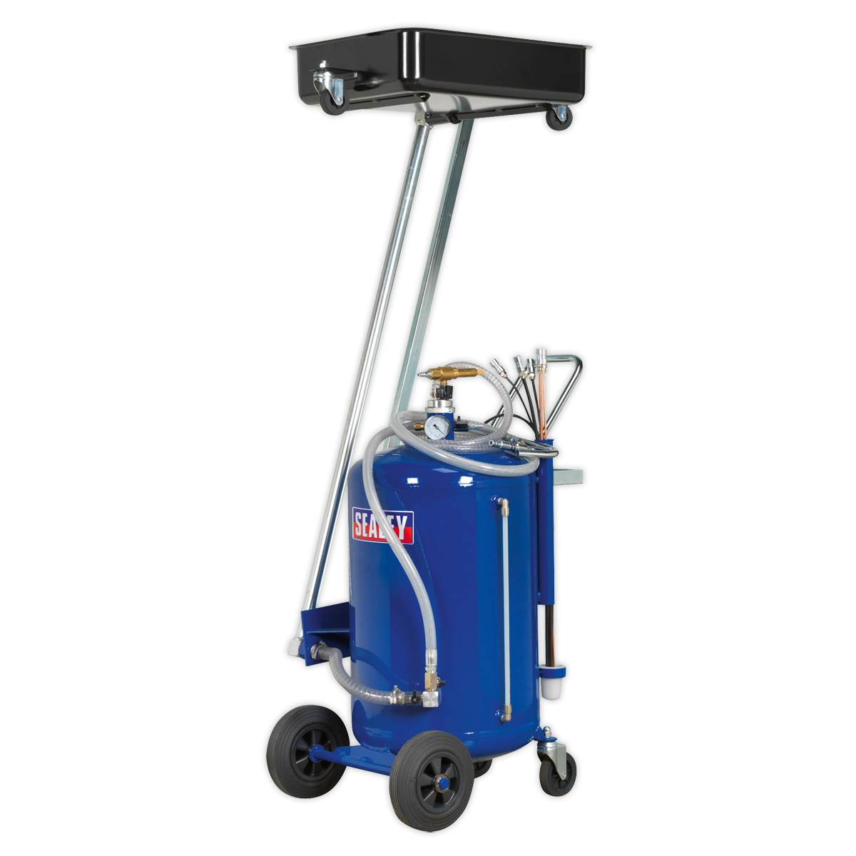 The Sealey Mobile Oil Drainer with Probes 80L Cantilever Air Discharge - AK462DX is a blue rolling tank featuring a steel-fabricated 80L reservoir, a tray on top, hoses, and a handle with a vacuum suction attachment.