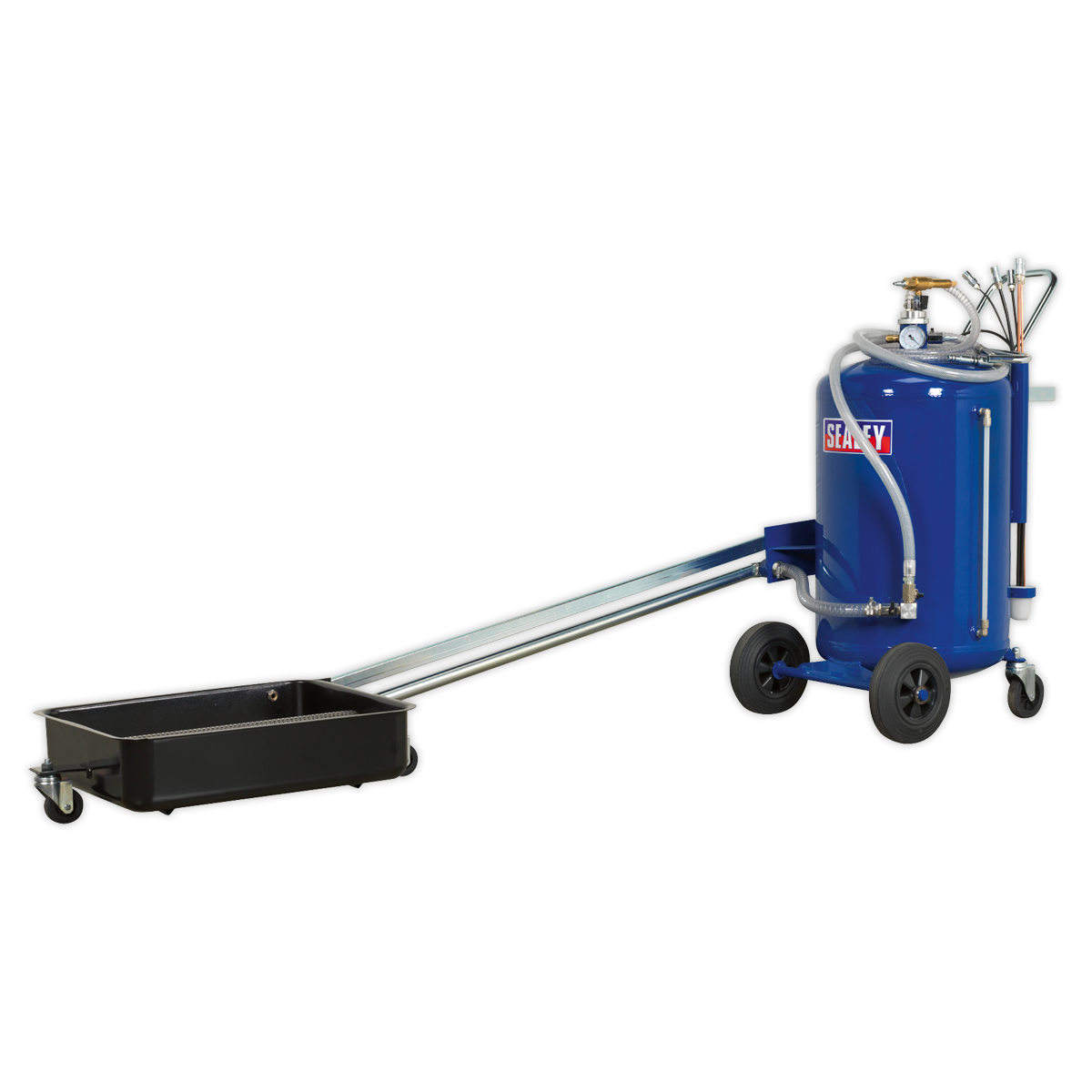 The Sealey Mobile Oil Drainer with Probes 80L Cantilever Air Discharge - AK462DX is a blue oil drainer on wheels featuring an extended metal tray, a cantilever oil drain pan, attached hoses, and a steel fabricated 80L reservoir.