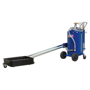 The Sealey Mobile Oil Drainer with Probes 80L Cantilever Air Discharge - AK462DX is a blue oil drainer on wheels featuring an extended metal tray, a cantilever oil drain pan, attached hoses, and a steel fabricated 80L reservoir.