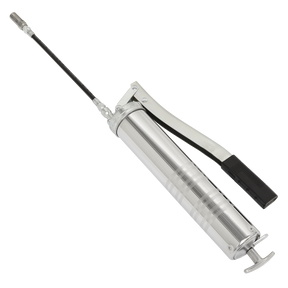 The Sealey AK46KIT Grease Gun Kit Manual/Air boasts a sleek silver finish, a black handle, an attached hose, and a heavy-duty grease canister designed for efficient lubrication tasks.