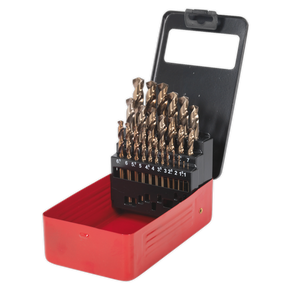 The "Sealey HSS Cobalt Split Point Fully Ground Drill Bit Set 25pc Metric - AK4702" includes cobalt drill bits organized by size in a red and black metal storage case with a lid that opens, featuring 135° split points for precision.
