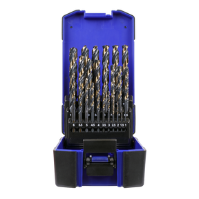 The Sealey Drill Bit Set 25pc HSS Tri-Point - AK4706, featuring multiple-sized drill bits with self-centering tips for precision, is organized in a blue plastic case with a black latch.