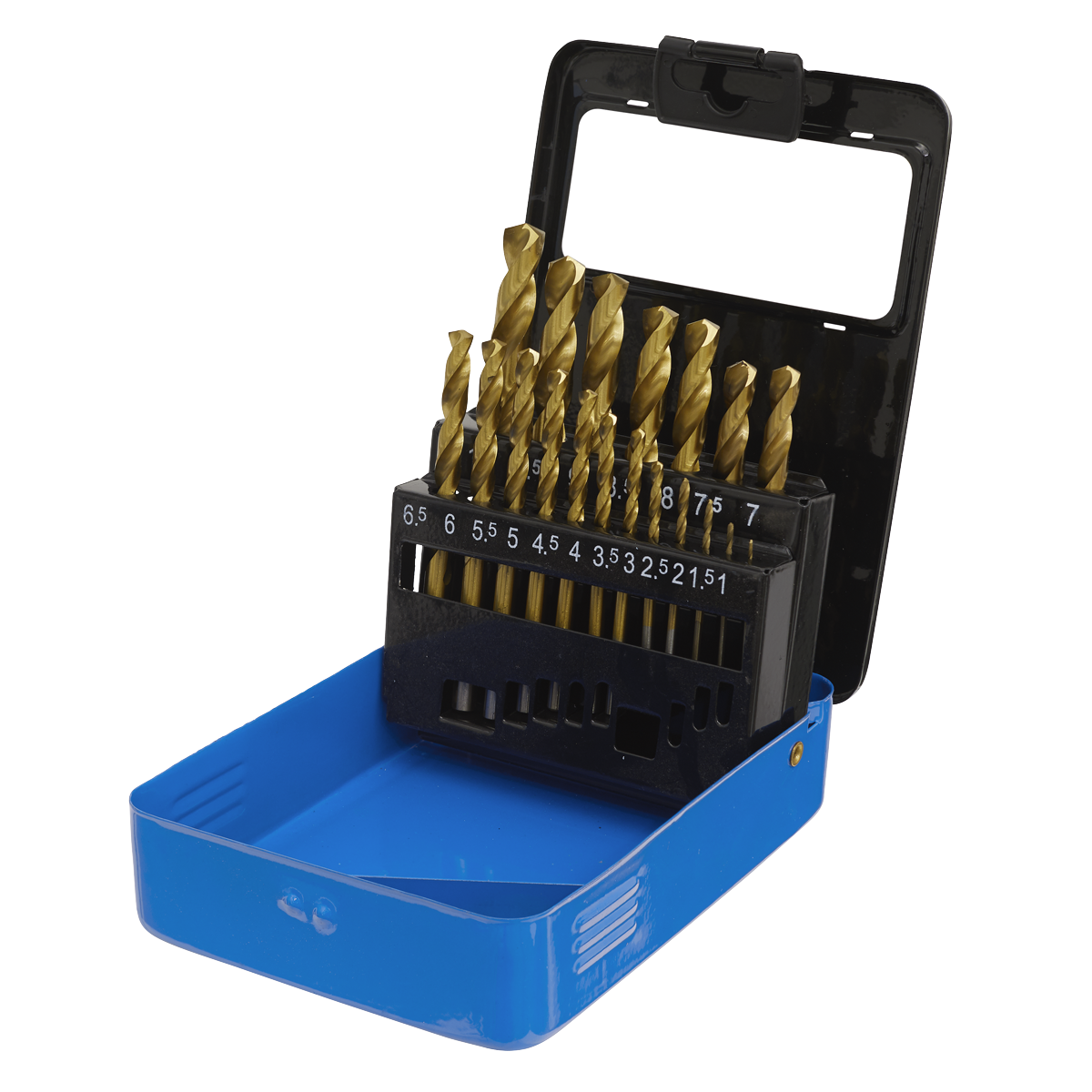 The Sealey HSS Fully Ground Drill Bit Set 19pc DIN 338 Metric - AK4719 includes gold-colored, 135° split point HSS drill bits in varying sizes, neatly arranged in a black holder within a blue open case, ideal for cutting through stainless steel.