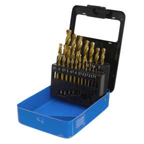 The Sealey HSS Fully Ground Drill Bit Set 19pc DIN 338 Metric - AK4719 includes gold-colored, 135° split point HSS drill bits in varying sizes, neatly arranged in a black holder within a blue open case, ideal for cutting through stainless steel.