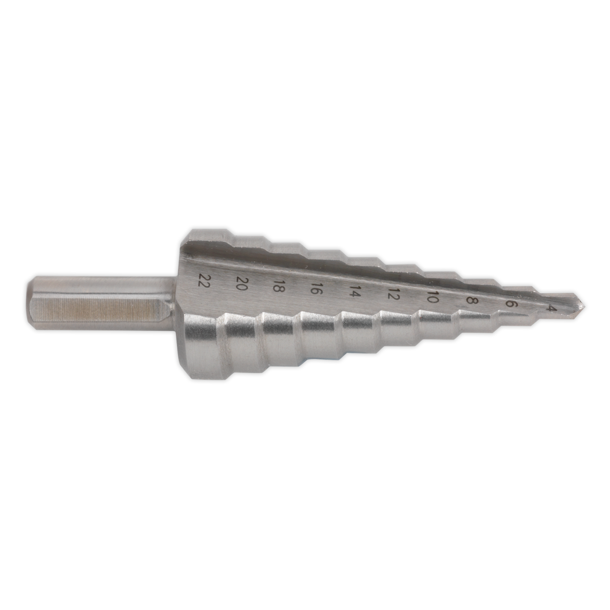 The Sealey HSS M2 Step Drill Bit 4-22mm Double Flute (AK4722) offers high-speed drilling performance with graduated sizes from 4 to 22 mm and double straight flutes for precision in a variety of materials.