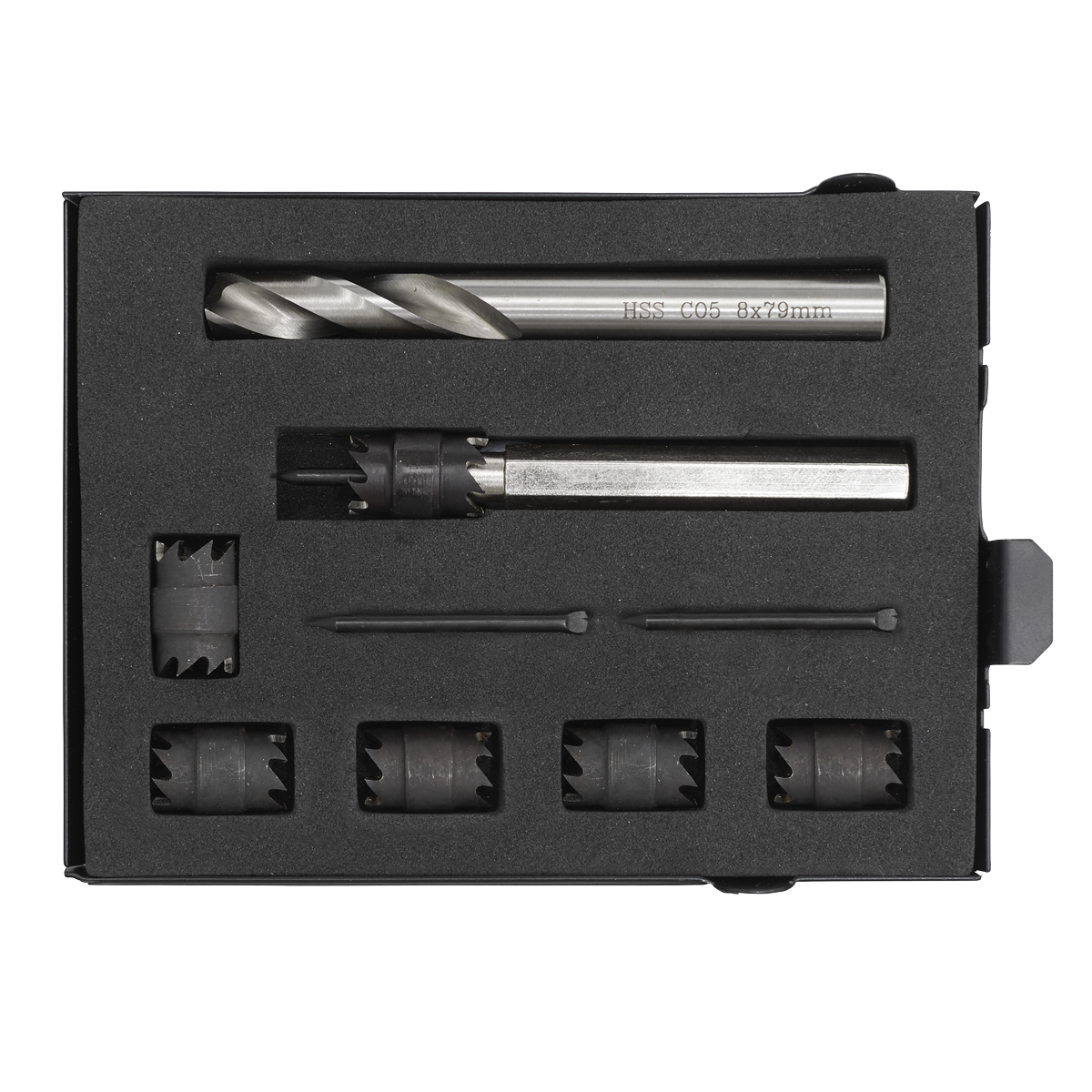 The Sealey Spot Weld Cutter & Drill Bit Set 9pc Ø10mm - AK4730 comes in a black foam case and includes HSS drill bits, a long metal rod, and several smaller cylindrical pieces.