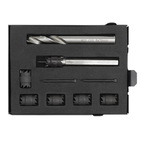 The Sealey Spot Weld Cutter & Drill Bit Set 9pc Ø10mm - AK4730 comes in a black foam case and includes HSS drill bits, a long metal rod, and several smaller cylindrical pieces.