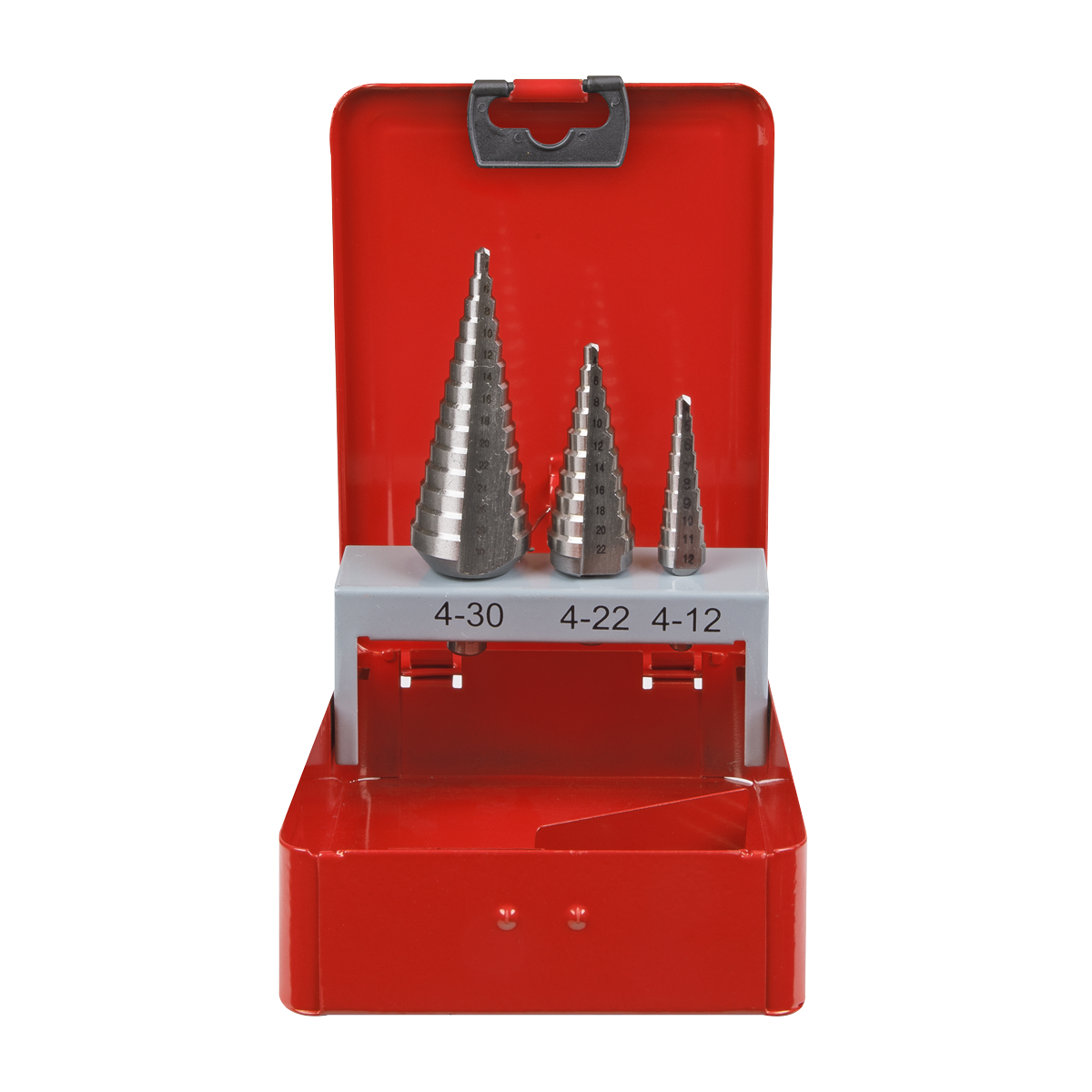 Introducing the Sealey HSS M2 Step Drill Bit Set 3pc Double Flute - AK4733, featuring three precision drill bits labeled 4-30, 4-22, and 4-12. These step drill bits come in a red metal case and are crafted from high-speed steel (HSS M2) to ensure exceptional durability.