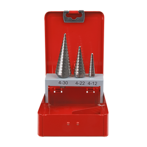 Introducing the Sealey HSS M2 Step Drill Bit Set 3pc Double Flute - AK4733, featuring three precision drill bits labeled 4-30, 4-22, and 4-12. These step drill bits come in a red metal case and are crafted from high-speed steel (HSS M2) to ensure exceptional durability.
