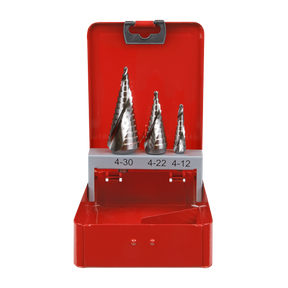 A Sealey HSS M2 Step Drill Bit Set 3pc Spiral Flute (AK4743) in a red metal case contains three step drills of varying sizes, labeled 4-30, 4-22, and 4-12. The drills are neatly arranged upright in the open case for precision drilling.
