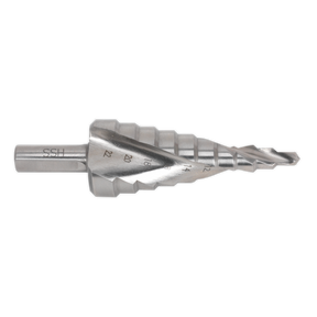 Image of the HSS 4341 Step Drill Bit 4-22mm Spiral Flute - AK4747 by Sealey, featuring double spiral flutes and multiple incremental steps for precision drilling of various hole sizes.