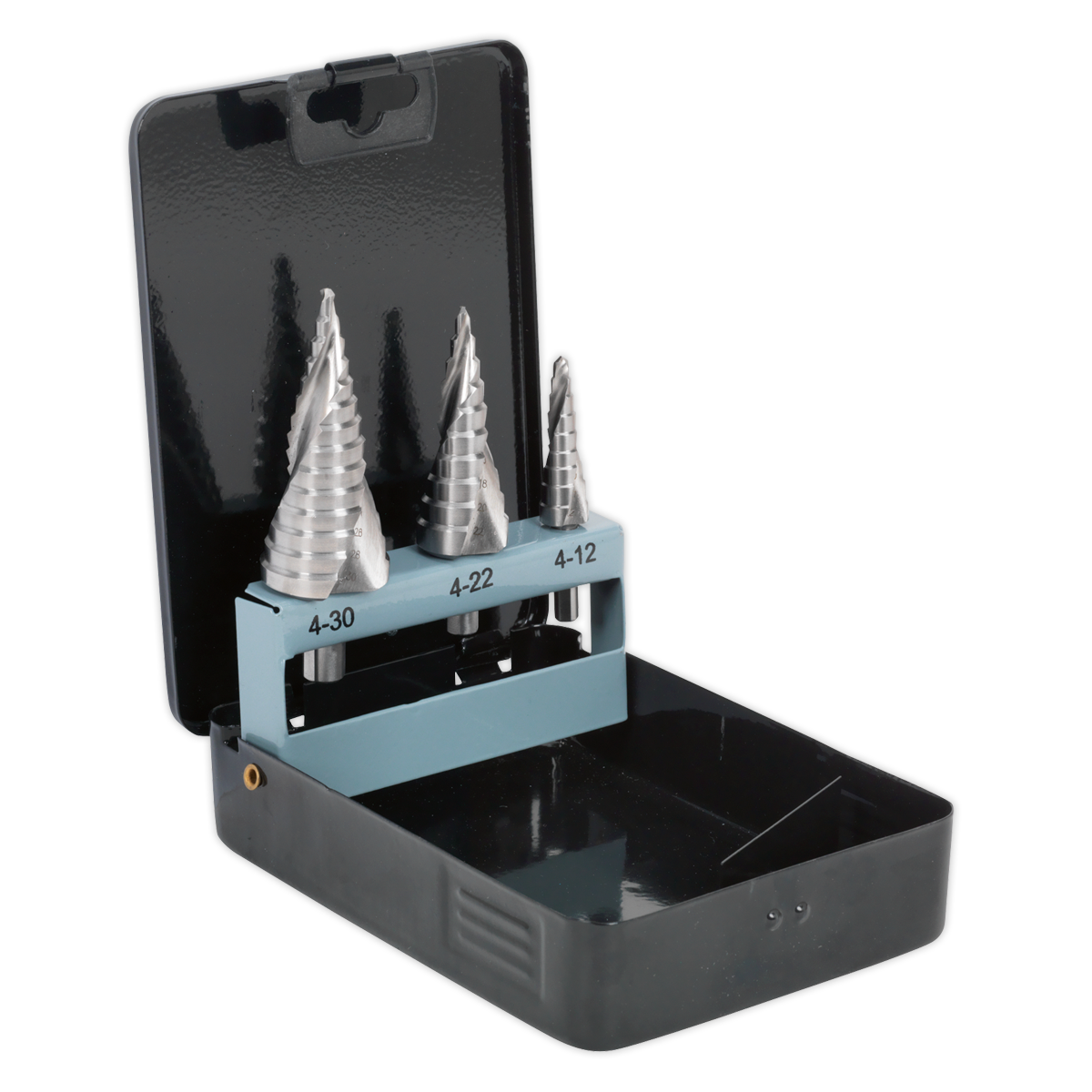 A black plastic case from Sealey, featuring a HSS 4341 Step Drill Bit Set 3pc Spiral Flute - AK4749, is open to reveal three metal step drill bits with double spiral flutes, securely held in a labeled holder indicating sizes 4-30, 4-22, and 4-12.