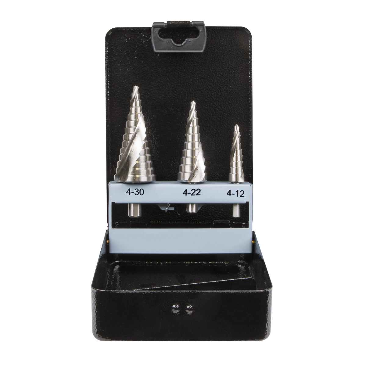 The Sealey HSS 4341 Step Drill Bit Set 3pc Spiral Flute - AK4749, featuring three metal step drill bits with double spiral flutes and size ranges of 4-30, 4-22, and 4-12, comes in a black storage case and is perfect for precision drilling.