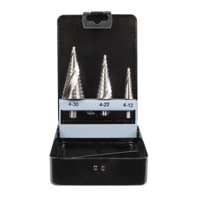 The Sealey HSS 4341 Step Drill Bit Set 3pc Spiral Flute - AK4749, featuring three metal step drill bits with double spiral flutes and size ranges of 4-30, 4-22, and 4-12, comes in a black storage case and is perfect for precision drilling.