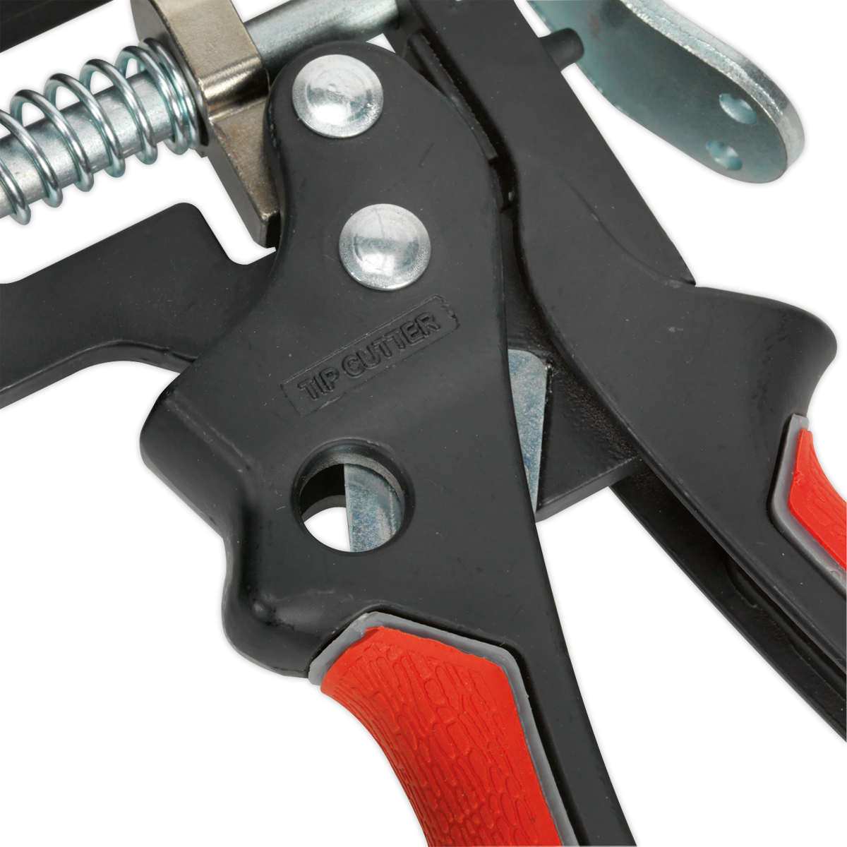 Close-up of a Sealey Caulking Gun 280mm Heavy-Duty - AK4803, featuring black metal construction with red and black handles, a visible spring mechanism, and an integrated tip cutter for precise work on 310ml cartridges.