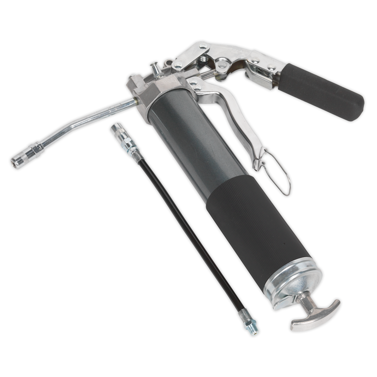 The Sealey Grease Gun 2-Way Operating 3-Way Fill Heavy-Duty - AK48 features a black handle, a long flexible hose, and a rigid nozzle attachment, all crafted with durable die-cast aluminum construction.