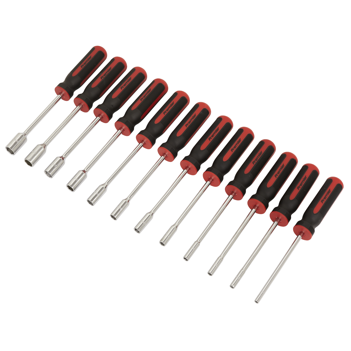 A set of twelve Sealey Nut Driver Set - AK4911, featuring red and black rubber handles and shafts crafted from durable Chrome Vanadium steel, arranged in a row on a white background.