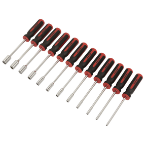 A set of twelve Sealey Nut Driver Set - AK4911, featuring red and black rubber handles and shafts crafted from durable Chrome Vanadium steel, arranged in a row on a white background.