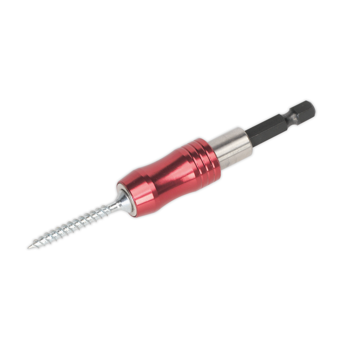 Introducing the Bit Holder Magnetic - AK4927 by Sealey, a versatile tool crafted from durable Chrome Vanadium steel. This red and silver accessory features a hex shank and is designed with a threaded screw tip for effortless insertion into materials. Its textured grip ensures secure handling during use. Compatible with quick release adaptors, this bit holder is part of the Premier Hand Tools collection.