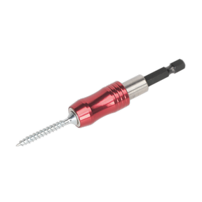 Introducing the Bit Holder Magnetic - AK4927 by Sealey, a versatile tool crafted from durable Chrome Vanadium steel. This red and silver accessory features a hex shank and is designed with a threaded screw tip for effortless insertion into materials. Its textured grip ensures secure handling during use. Compatible with quick release adaptors, this bit holder is part of the Premier Hand Tools collection.