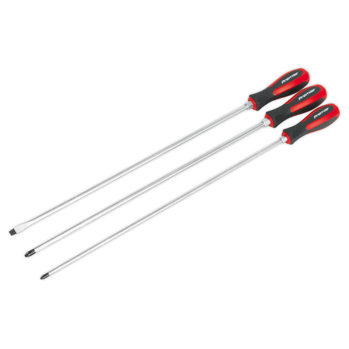 Three Sealey Screwdriver Set 3pc Hammer-Thru 450mm (AK4935) tools with long-handled screwdrivers featuring chrome vanadium black shafts and red and black handles, arranged side by side on a white background, perfect for professional use.