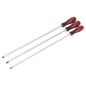 Three Sealey Screwdriver Set 3pc Hammer-Thru 450mm (AK4935) tools with long-handled screwdrivers featuring chrome vanadium black shafts and red and black handles, arranged side by side on a white background, perfect for professional use.