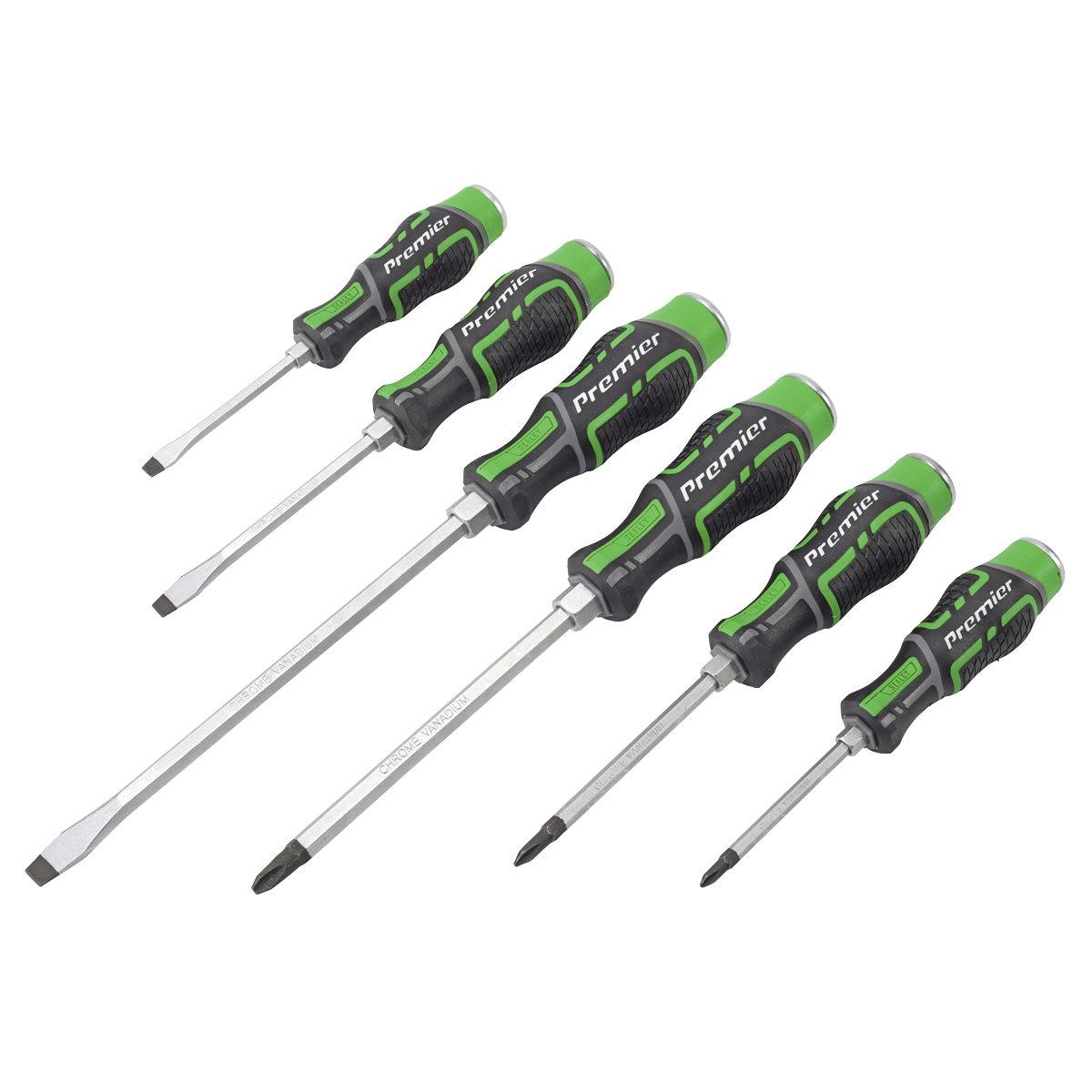 The Sealey Hammer-Thru Screwdriver Set Hi-Vis Green 6pc - AK4940HV features six Premier Hand Tools screwdrivers with black and green soft-grip handles, including three flat-head and three Phillips-head, crafted from Chrome Vanadium steel and arranged in ascending size order.