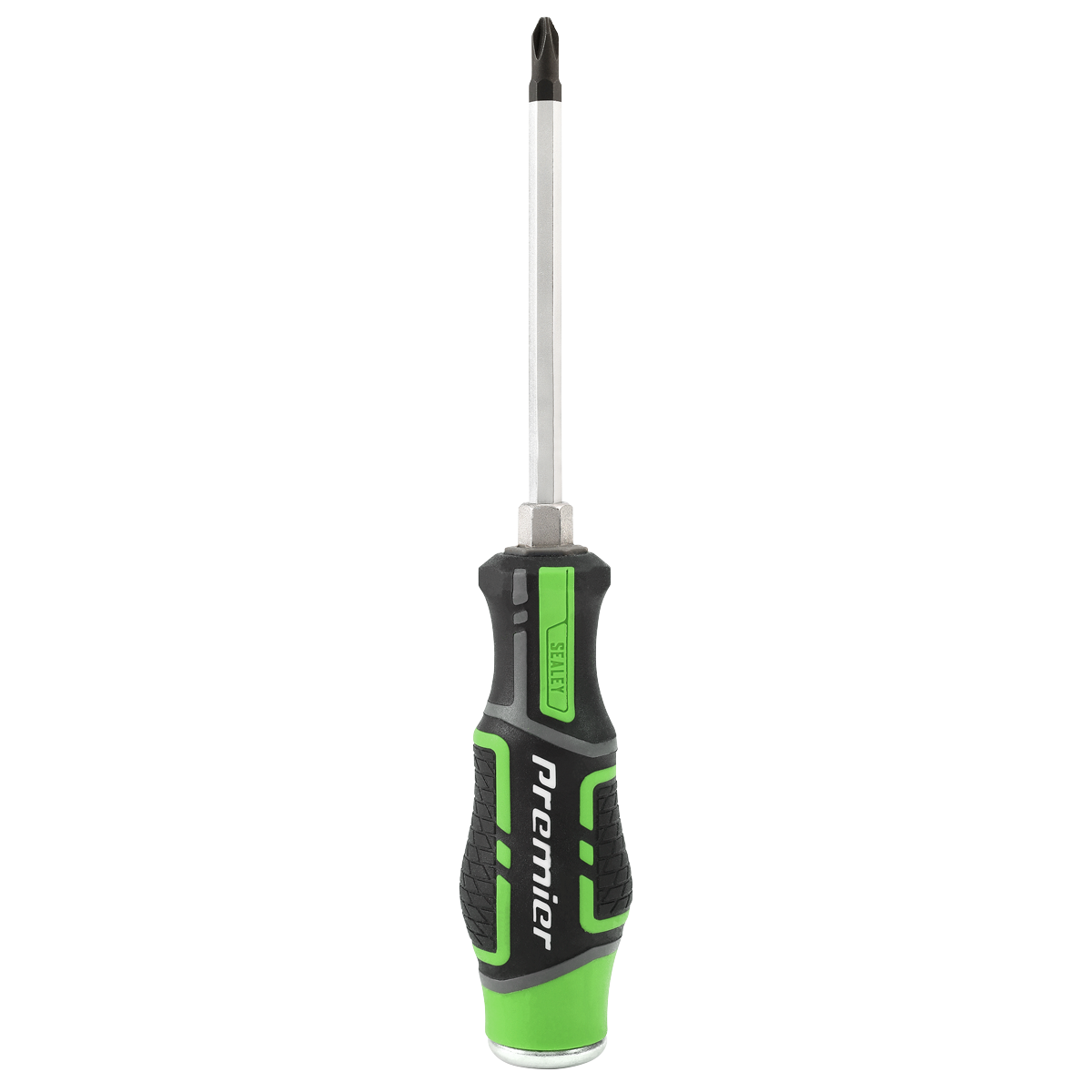 A high-quality green and black Hammer-Thru screwdriver from the Sealey Premier Hand Tools collection, featuring a Phillips head and a rubberized soft-grip handle, made from durable Chrome Vanadium steel, viewed against a white background. This tool is part of the Hi-Vis Green 9pc set - AK4941HV.