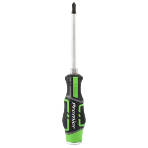 A high-quality green and black Hammer-Thru screwdriver from the Sealey Premier Hand Tools collection, featuring a Phillips head and a rubberized soft-grip handle, made from durable Chrome Vanadium steel, viewed against a white background. This tool is part of the Hi-Vis Green 9pc set - AK4941HV.