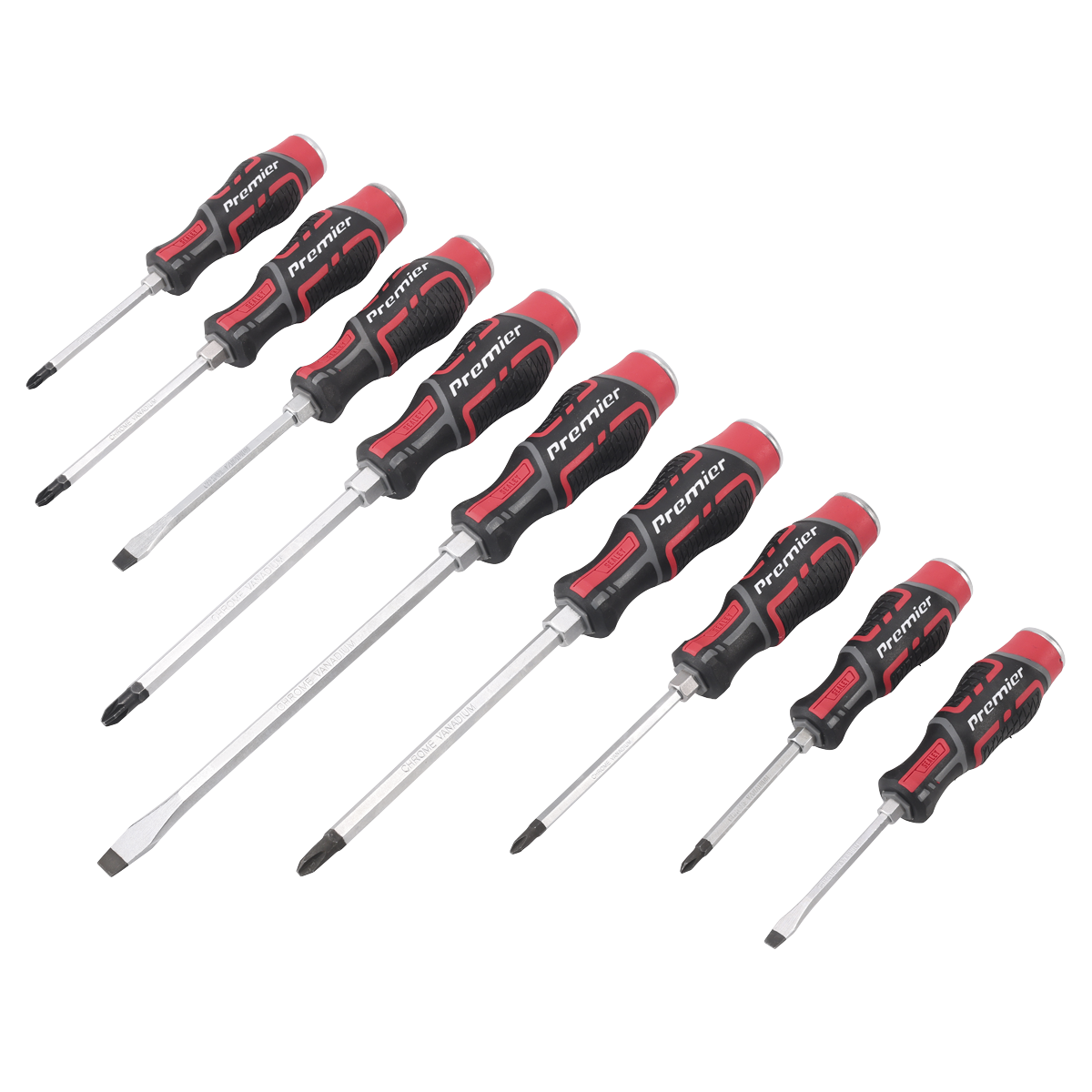 The Sealey Hammer-Thru Screwdriver Set 9pc - AK4941 features nine red and black screwdrivers made from Chrome Vanadium steel, arranged in two rows. Each screwdriver has a soft-grip handle and comes in various sizes and types of heads, including flathead and Phillips.