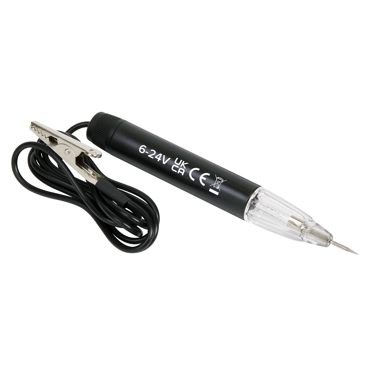 The Sealey Circuit Tester 6-24V - AK5000 is a black voltage tester designed for 6-24V DC circuits, featuring a clear tip, needle point probe, and an attached black wire with an alligator clip. Labeled "6-24V" with certification marks, this test light is a reliable tool for electrical diagnostics.