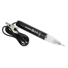 The Sealey Circuit Tester 6-24V - AK5000 is a black voltage tester designed for 6-24V DC circuits, featuring a clear tip, needle point probe, and an attached black wire with an alligator clip. Labeled "6-24V" with certification marks, this test light is a reliable tool for electrical diagnostics.